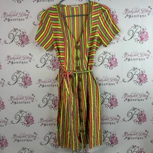 Spighe Di Lino Italy dress buttons neon stripe pink yellow green orange Striped